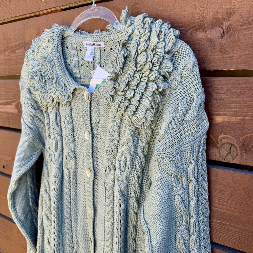 NWT Deirdre McGuire Ireland Hand Knit Fringe Collar Cardigan Sweater Sz L Sage - Picture 6 of 8